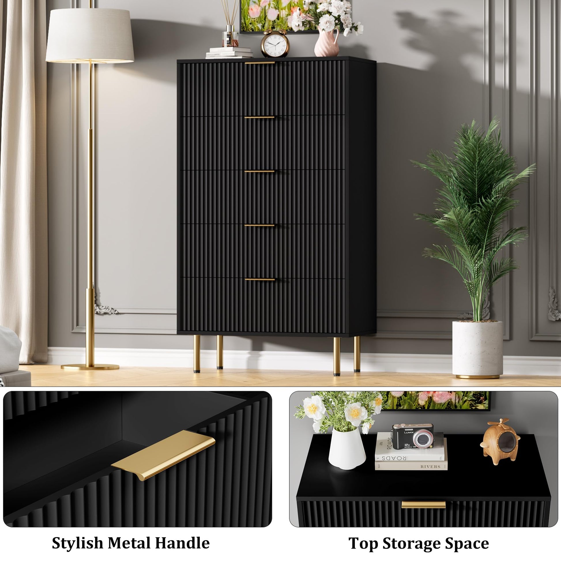Garvee 5 Drawers Dresser for Bedroom, Fluted Dresser Chest of Drawers with Handle, Wood Modern Dressers for Closet, Bedroom Furniture Storage Organizer for Living Room, Hallway, Black