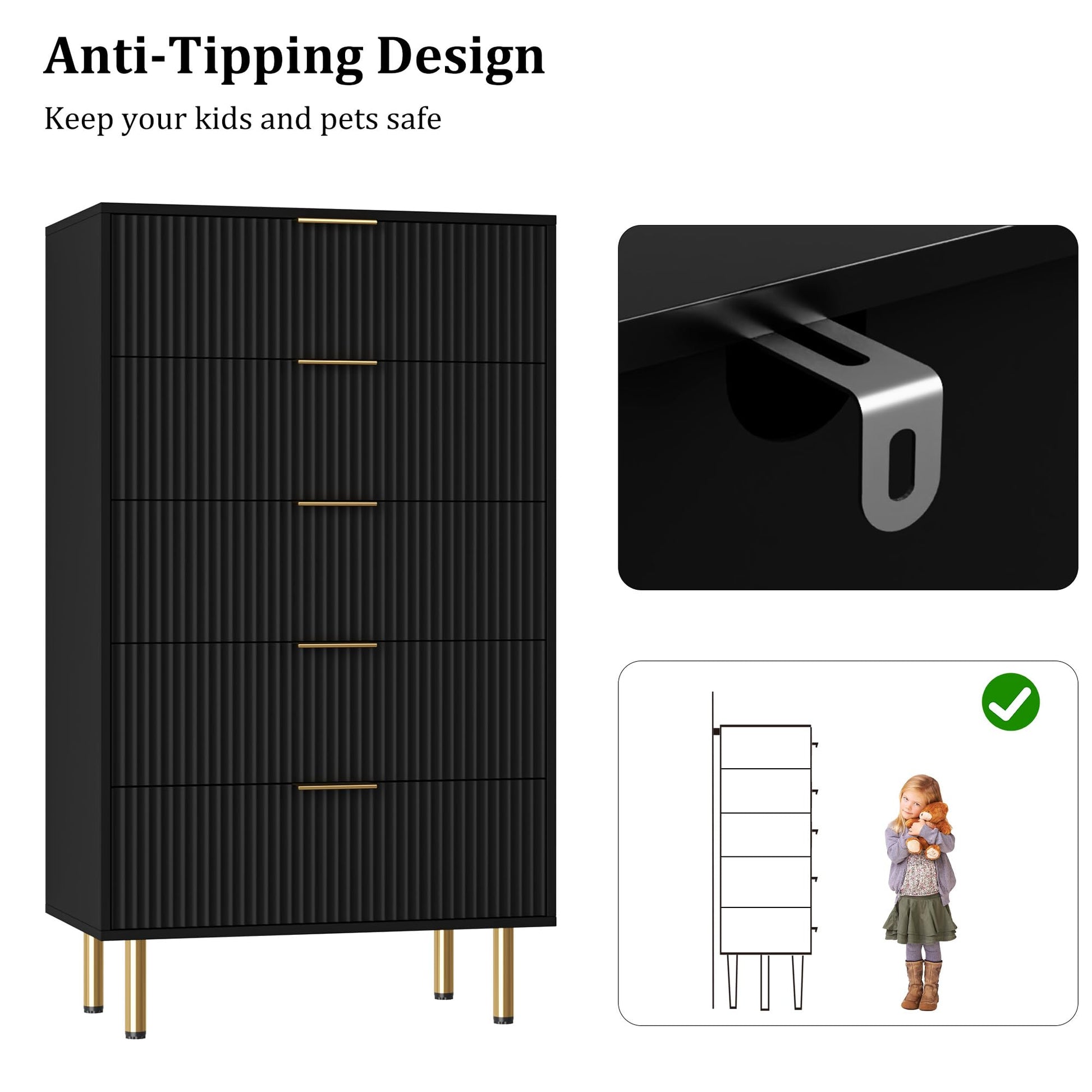 Garvee 5 Drawers Dresser for Bedroom, Fluted Dresser Chest of Drawers with Handle, Wood Modern Dressers for Closet, Bedroom Furniture Storage Organizer for Living Room, Hallway, Black