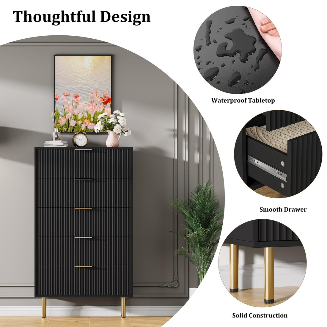 Garvee 5 Drawers Dresser for Bedroom, Fluted Dresser Chest of Drawers with Handle, Wood Modern Dressers for Closet, Bedroom Furniture Storage Organizer for Living Room, Hallway, Black