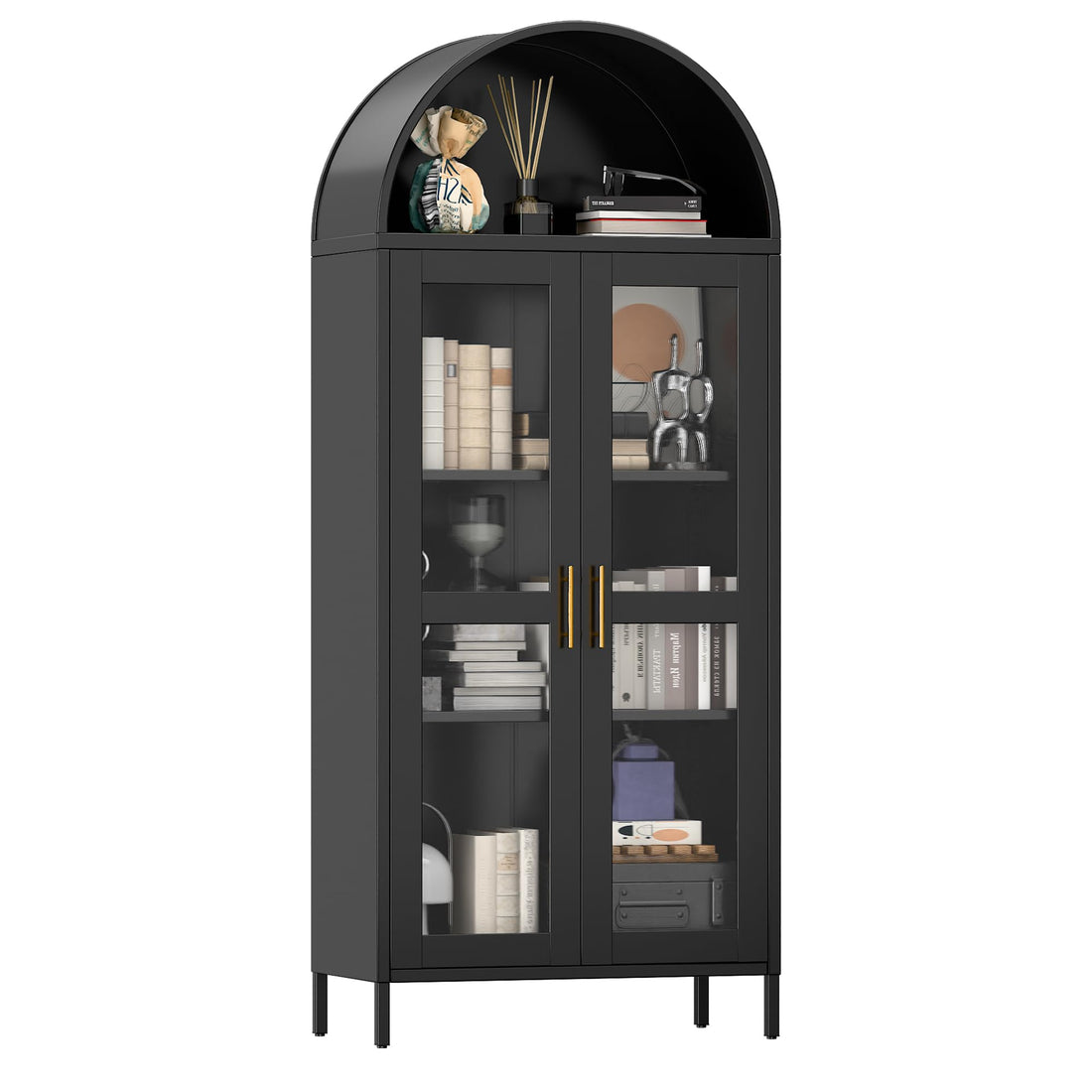 Garvee 73" Arched Glass Door Storage Cabinet, Metal Storage Cabinet with 2 Adjustable Shelves, Modern Kitchen Pantry with Glass Door, Versatile Cupboard for Living/Dinning Room, Black