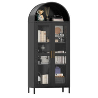 Garvee 73" Arched Glass Door Storage Cabinet, Metal Storage Cabinet with 2 Adjustable Shelves, Modern Kitchen Pantry with Glass Door, Versatile Cupboard for Living/Dinning Room, Black