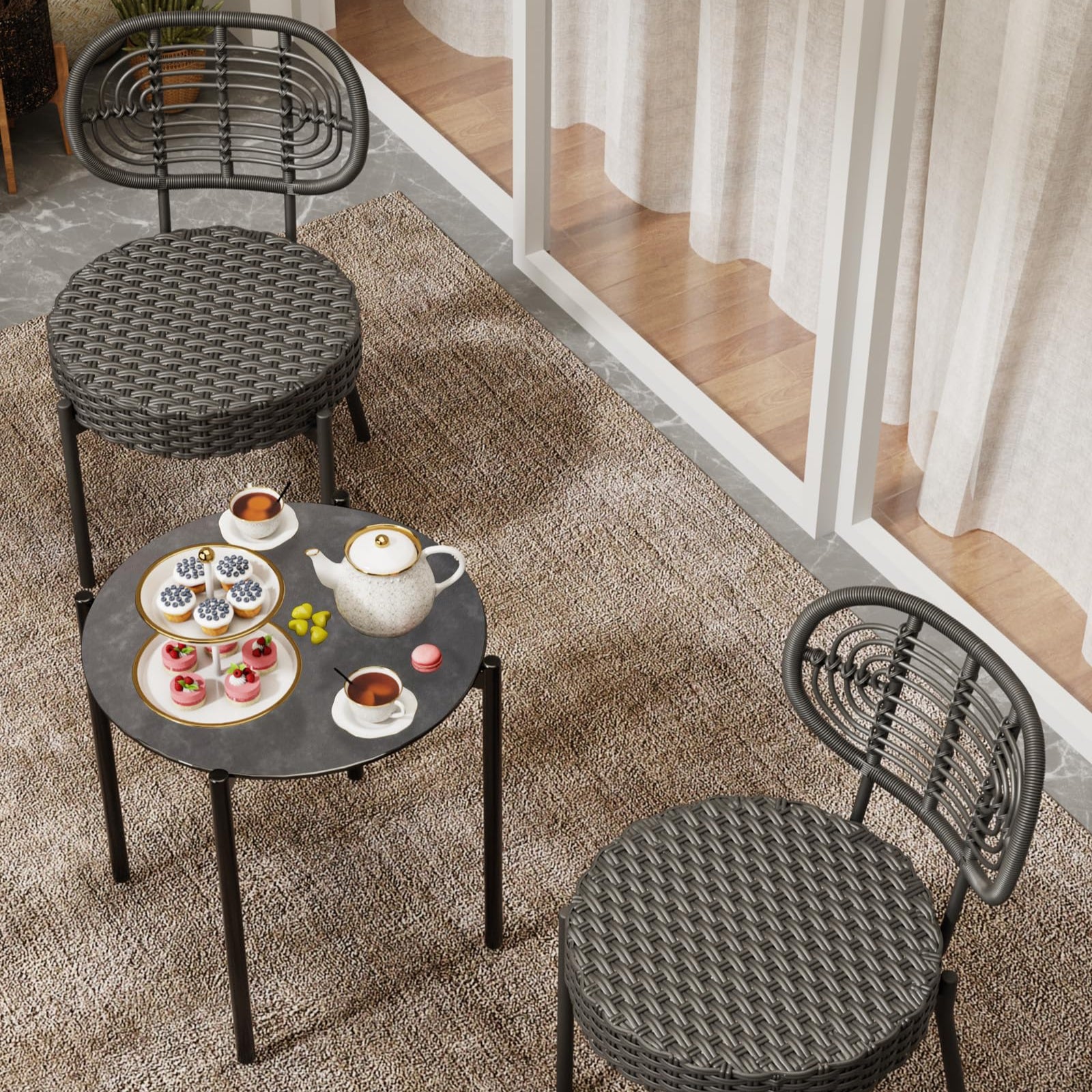 Garvee 3 Piece Patio Bistro Set, Outdoor Wicker Chairs with Table, Rattan Patio Furniture Set for Outdoor, Patio, Deck, Backyard, Black & Grey