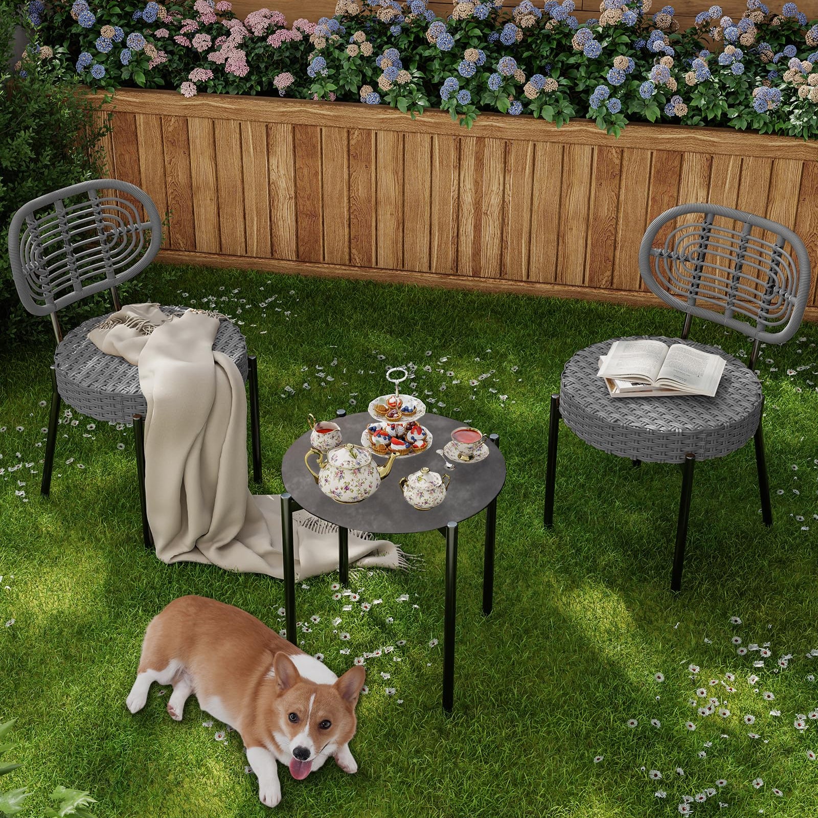 Garvee 3 Piece Patio Bistro Set, Outdoor Wicker Chairs with Table, Rattan Patio Furniture Set for Outdoor, Patio, Deck, Backyard, Black & Grey