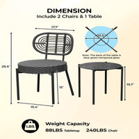 Garvee 3 Piece Patio Bistro Set, Outdoor Wicker Chairs with Table, Rattan Patio Furniture Set for Outdoor, Patio, Deck, Backyard, Black & Grey
