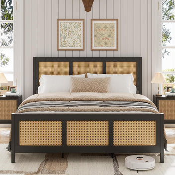 Garvee Rattan Bed Frame with Headboard, Boho King Size Bed Frame with Strong Metal Slats Support, No Box Spring Needed, Noise-Free Design, Black
