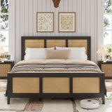 Garvee Rattan Bed Frame with Headboard, Boho King Size Bed Frame with Strong Metal Slats Support, No Box Spring Needed, Noise-Free Design, Black - Black