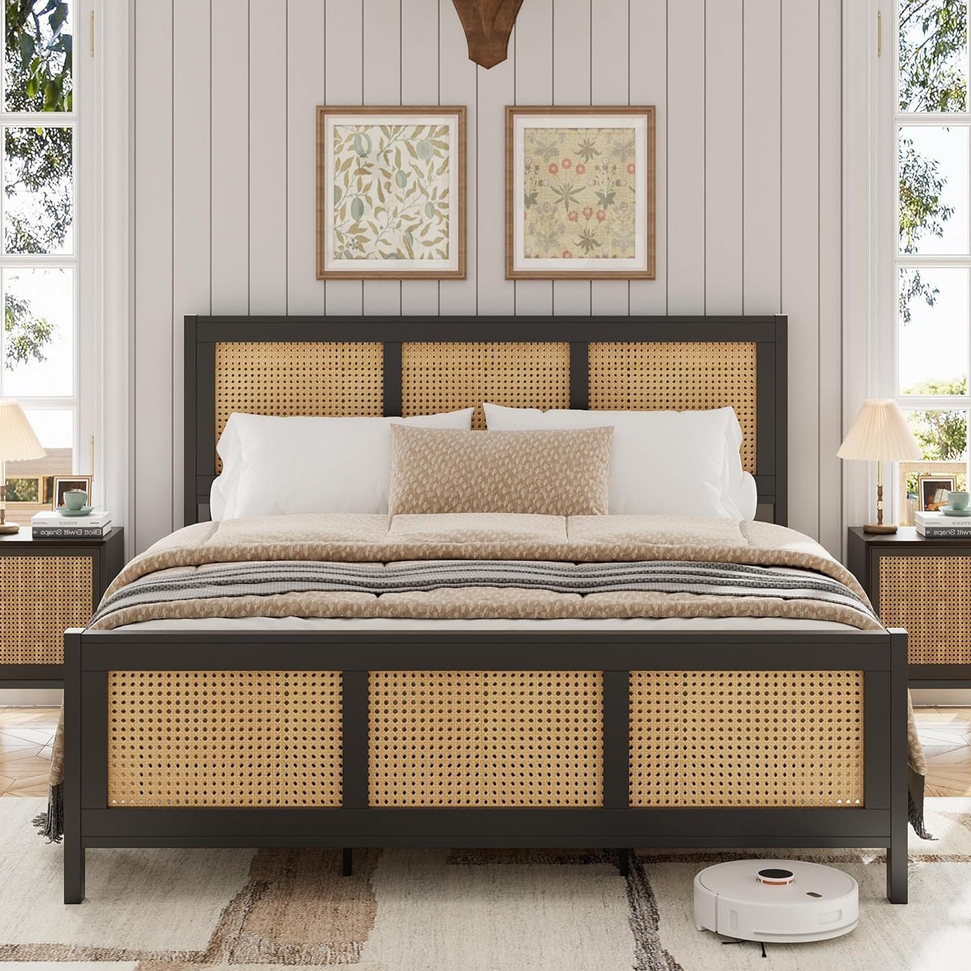 Garvee Rattan Bed Frame with Headboard, Boho King Size Bed Frame with Strong Metal Slats Support, No Box Spring Needed, Noise-Free Design, Black