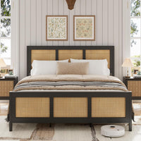 Garvee Rattan Bed Frame with Headboard, Boho King Size Bed Frame with Strong Metal Slats Support, No Box Spring Needed, Noise-Free Design, Black