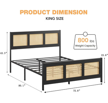 Garvee Rattan Bed Frame with Headboard, Boho King Size Bed Frame with Strong Metal Slats Support, No Box Spring Needed, Noise-Free Design, Black