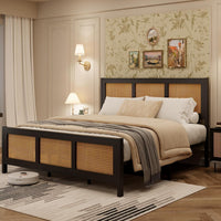 Garvee Rattan Bed Frame with Headboard, Boho King Size Bed Frame with Strong Metal Slats Support, No Box Spring Needed, Noise-Free Design, Black
