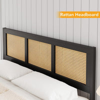 Garvee Rattan Bed Frame with Headboard, Boho King Size Bed Frame with Strong Metal Slats Support, No Box Spring Needed, Noise-Free Design, Black