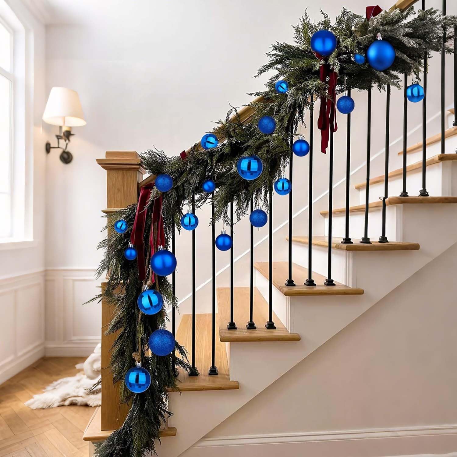 Garvee 34 Pieces Shatterproof Christmas Ornaments Set, Christmas Decorations 1.57 Inch Silver Plastic Ball Decor for Xmas Tree, Christmas Balls Indoor Outdoor Holiday Party Wedding Decoration, Blue