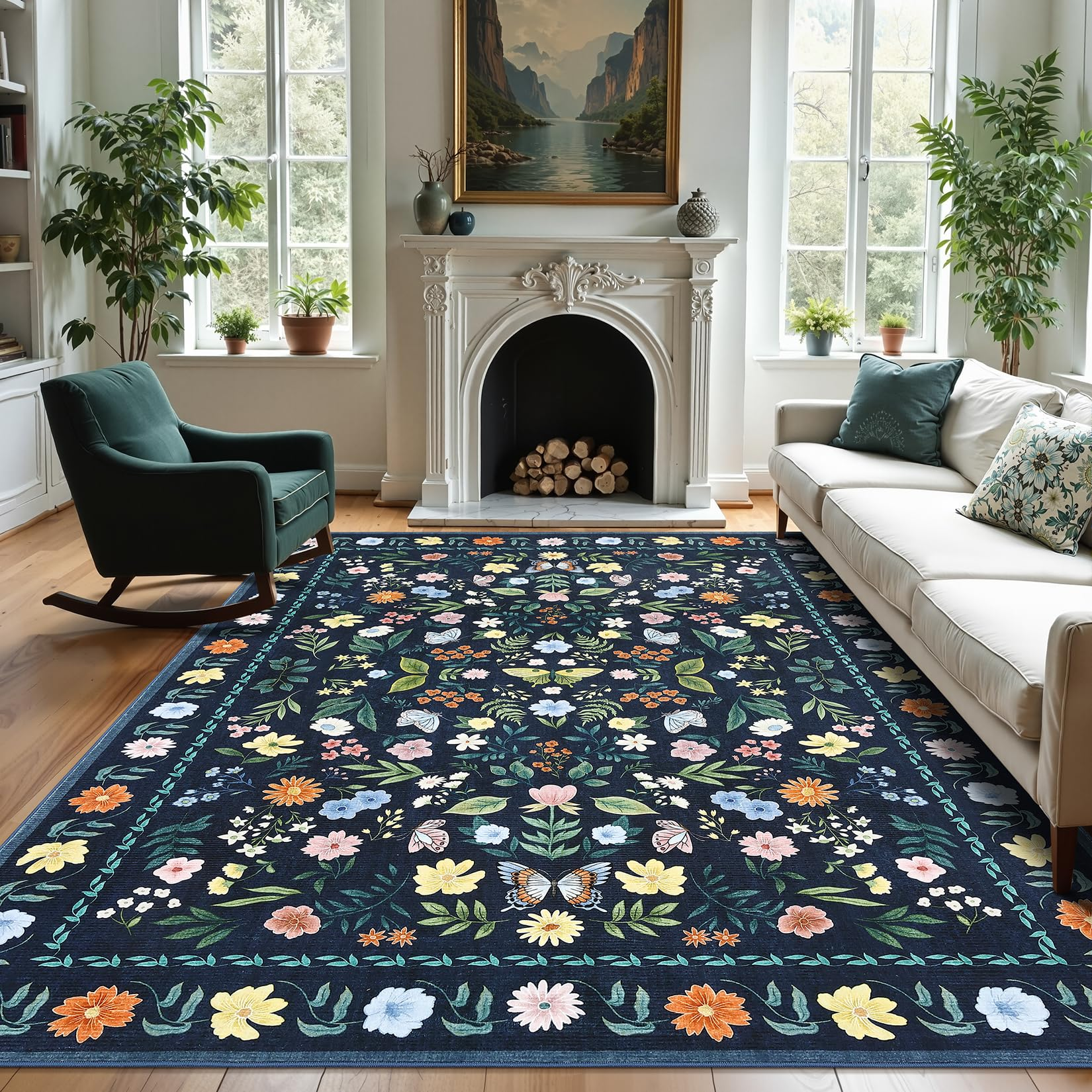 Garvee Washable Floral Rug Non Slip Living Room Rug, Area Rugs Vintage Distressed Soft Carpet for Bedroom, Dinning Room, Home Office