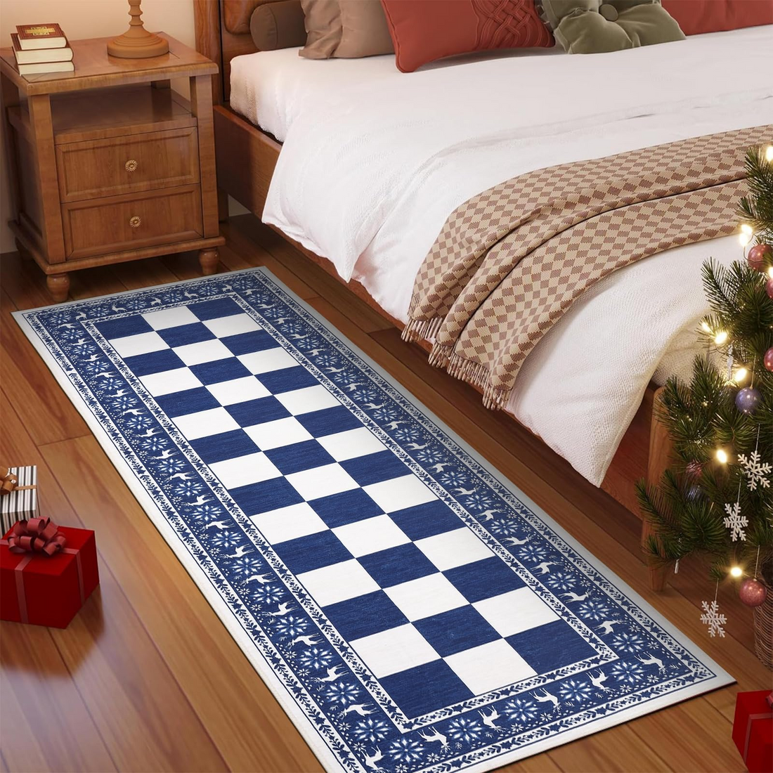 Garvee Blue 2x6 Runner Rug Washable Non Slip Indoor Christmas Decor Checkered Soft Low Pile