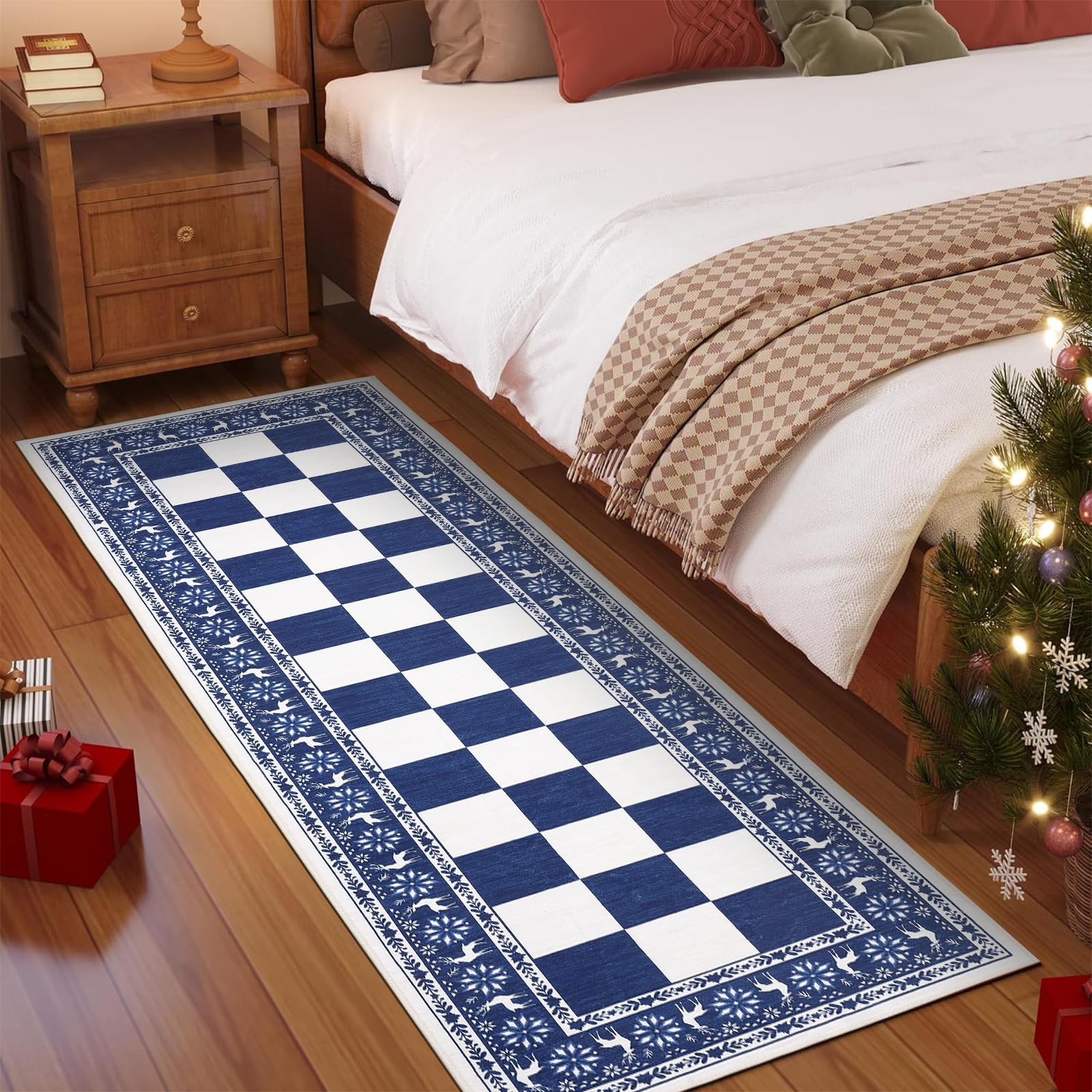 Garvee Blue 2x6 Runner Rug Washable Non Slip Indoor Christmas Decor Checkered Soft Low Pile