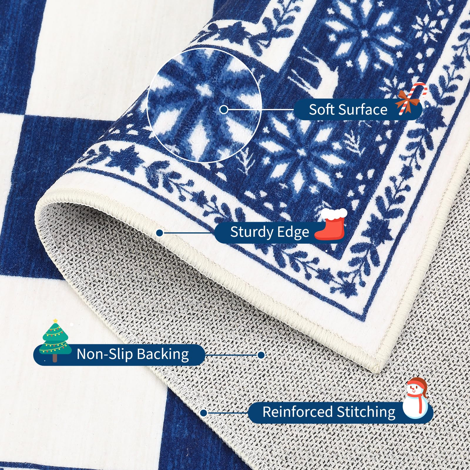 Garvee Blue 2x6 Runner Rug Washable Non Slip Indoor Christmas Decor Checkered Soft Low Pile