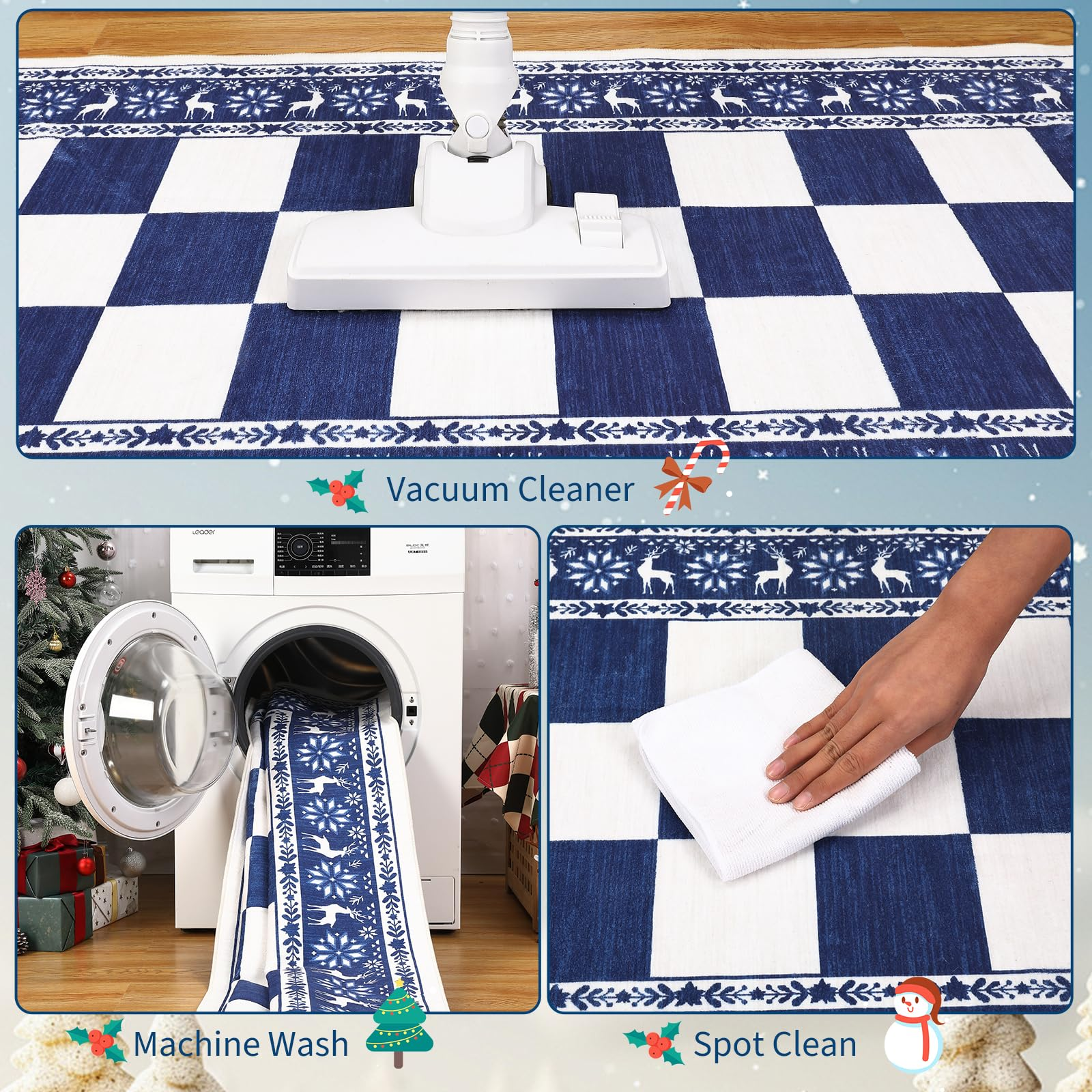 Garvee Blue 2x6 Runner Rug Washable Non Slip Indoor Christmas Decor Checkered Soft Low Pile