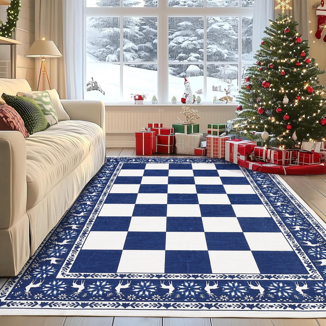 Garvee Blue 4x6 Christmas Rugs Washable Non Slip Checkered Soft Low Pile Indoor Carpet for Living Room Bedroom Dining Room Entryway