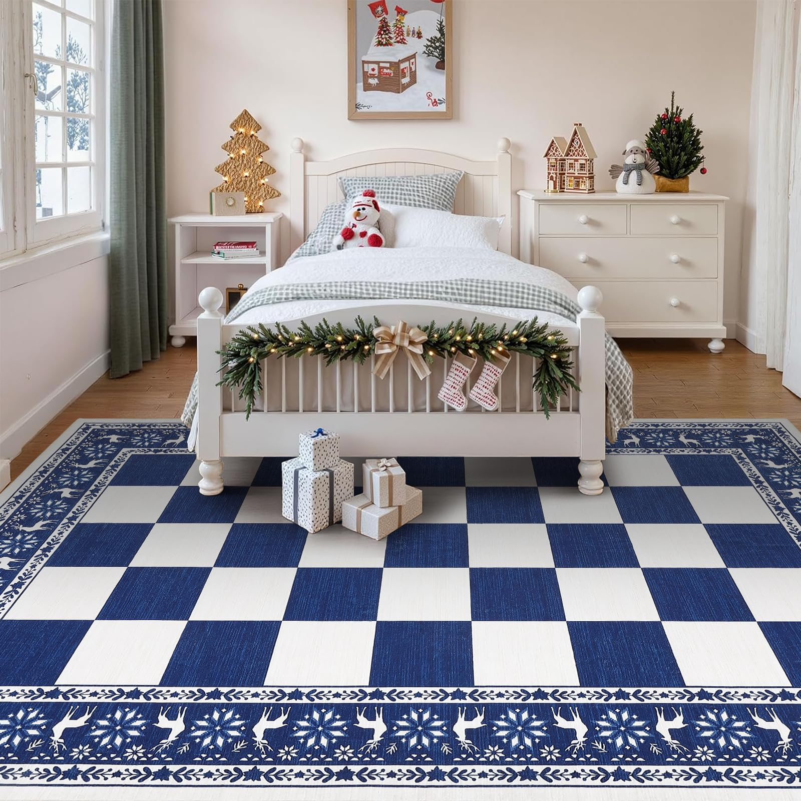 Garvee Blue 4x6 Christmas Rugs Washable Non Slip Checkered Soft Low Pile Indoor Carpet for Living Room Bedroom Dining Room Entryway