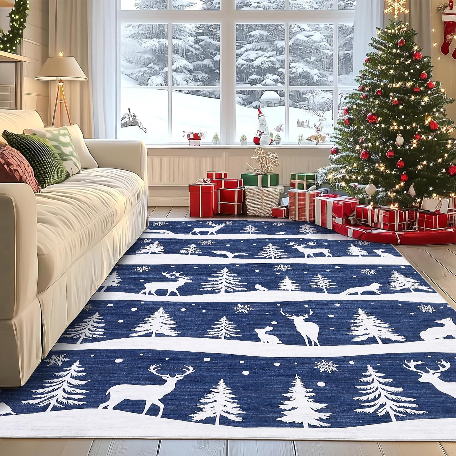 Garvee Blue 6x9 Area Rugs Christmas-Themed Washable Non Slip Carpet for Living Room Bedroom Dining Room