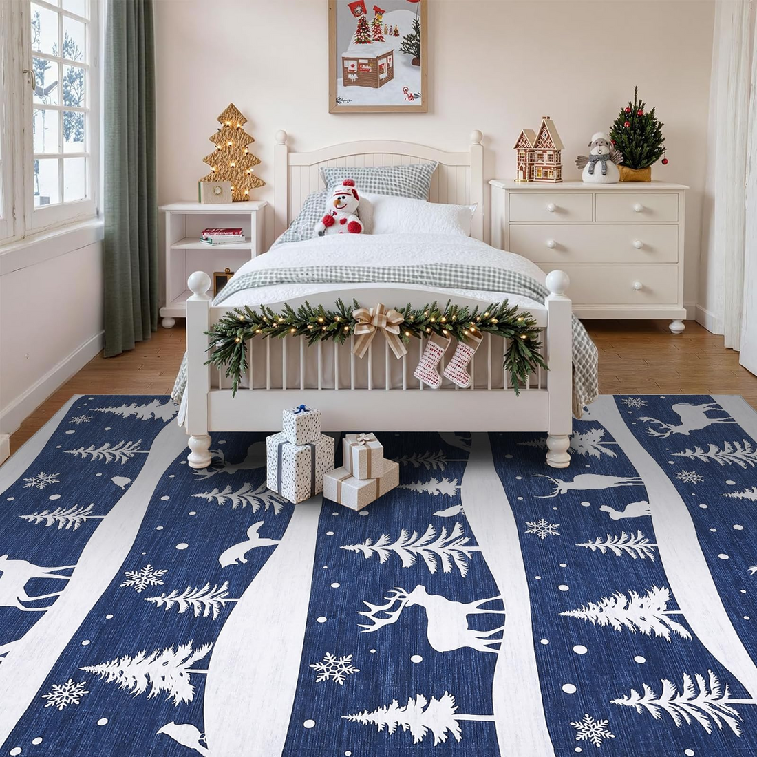 Garvee Blue 8x10 Area Rugs Christmas-Themed Washable Non Slip Soft Low Pile Indoor Carpet for Living Room Bedroom Dining Room