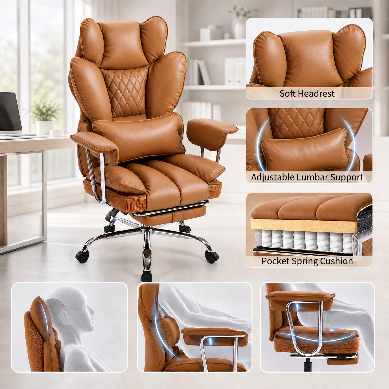 Garvee Big and Tall Ergonomic Office Chair – 350LBS Heavy Duty, High Back Reclining, Footrest, Thick Padded Pocket Spring Seat, Lumbar Support, Adjustable Armrests, PU Leather – Executive Chair – Brown