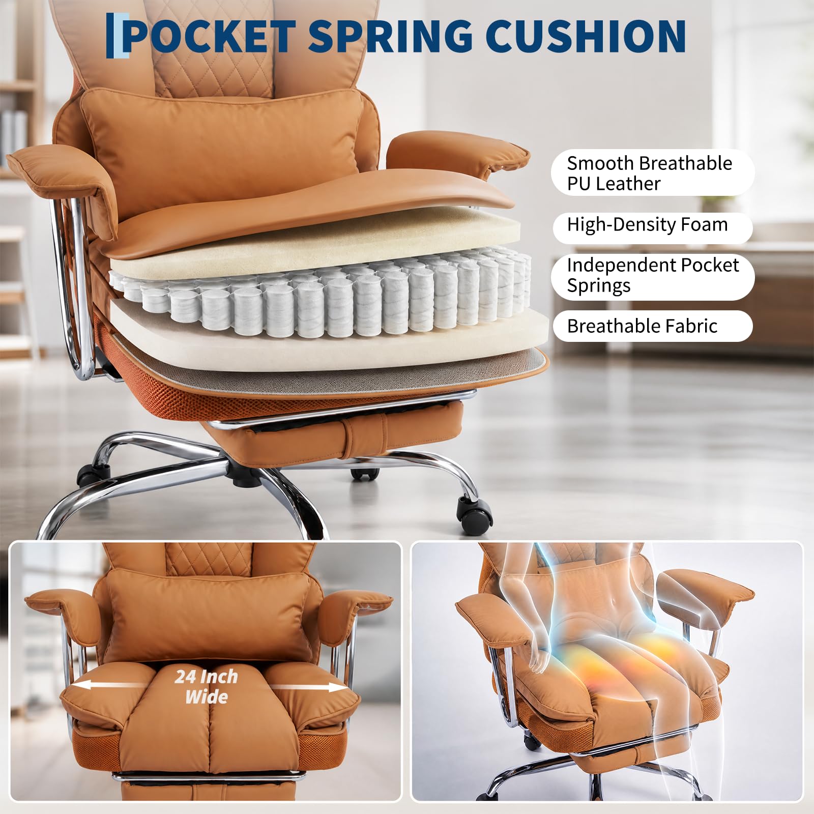 Garvee Big and Tall Ergonomic Office Chair – 350LBS Heavy Duty, High Back Reclining, Footrest, Thick Padded Pocket Spring Seat, Lumbar Support, Adjustable Armrests, PU Leather – Executive Chair – Brown