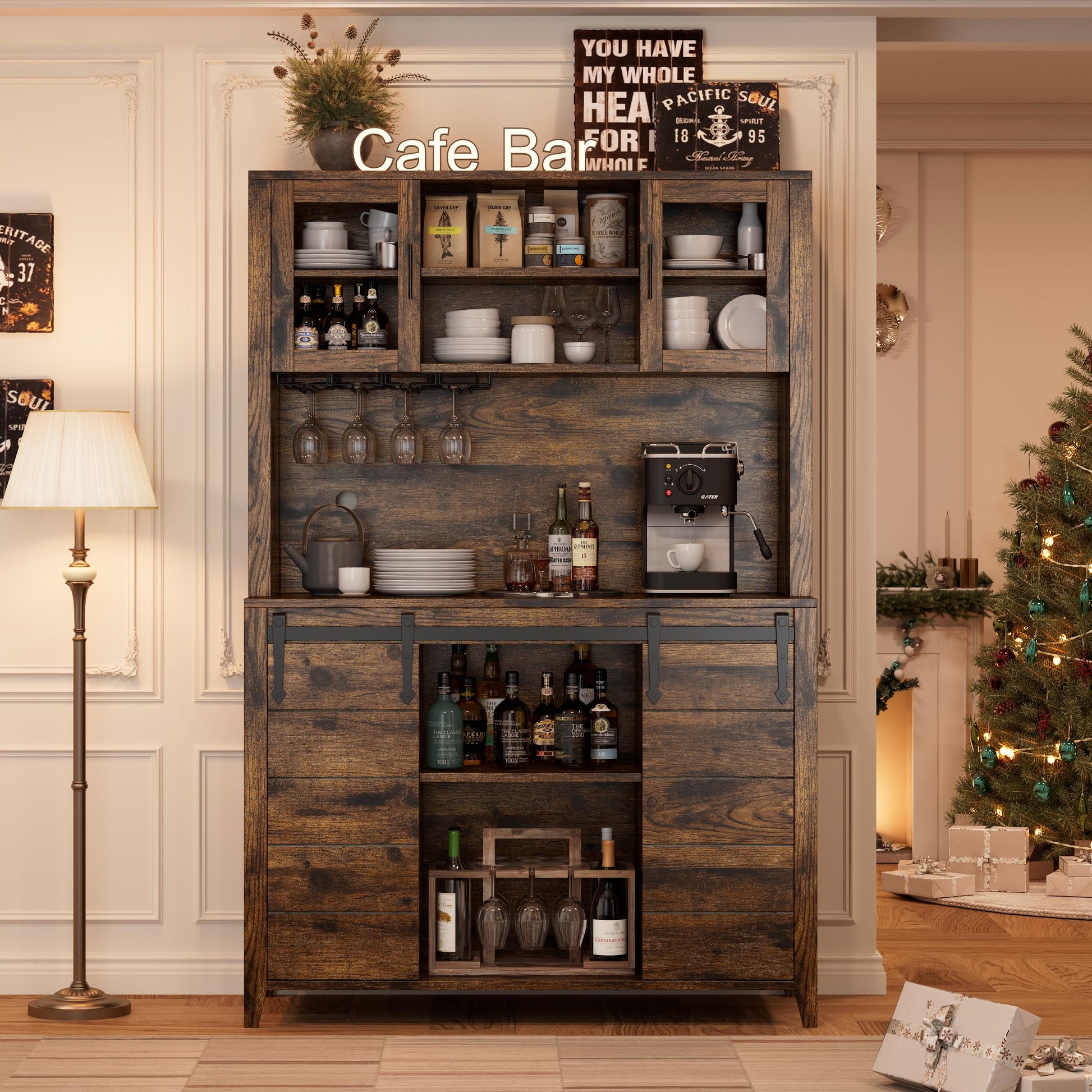 Garvee 70'' Wine Coffee Bar Cabinet with Storage Hutch, Tall Kitchen Pantry Liquor Cabinet with Sliding Barn Doors, Bottle Glasses Rack, Farmhouse Buffet for Home Dining Room, Brown
