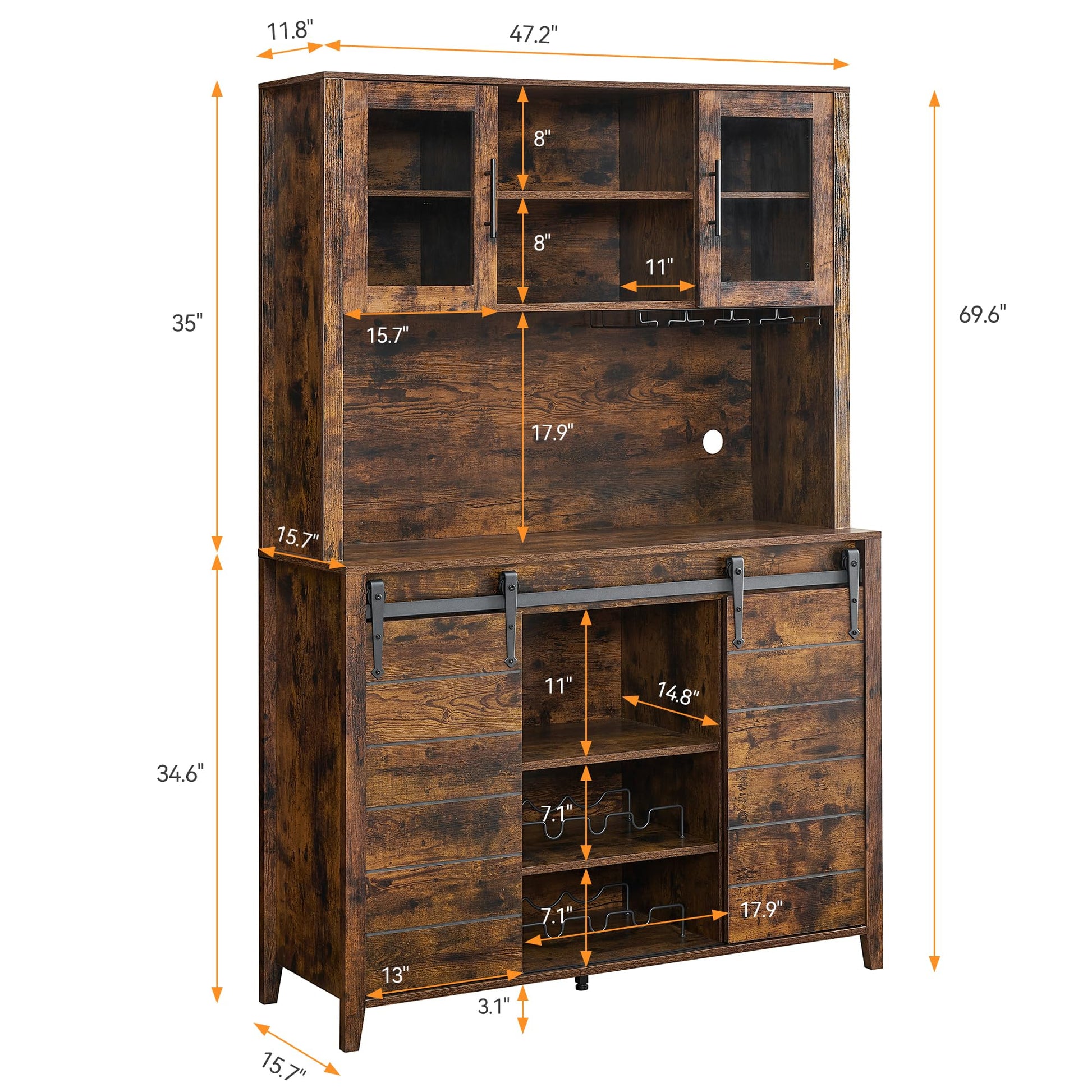 Garvee 70'' Wine Coffee Bar Cabinet with Storage Hutch, Tall Kitchen Pantry Liquor Cabinet with Sliding Barn Doors, Bottle Glasses Rack, Farmhouse Buffet for Home Dining Room, Brown