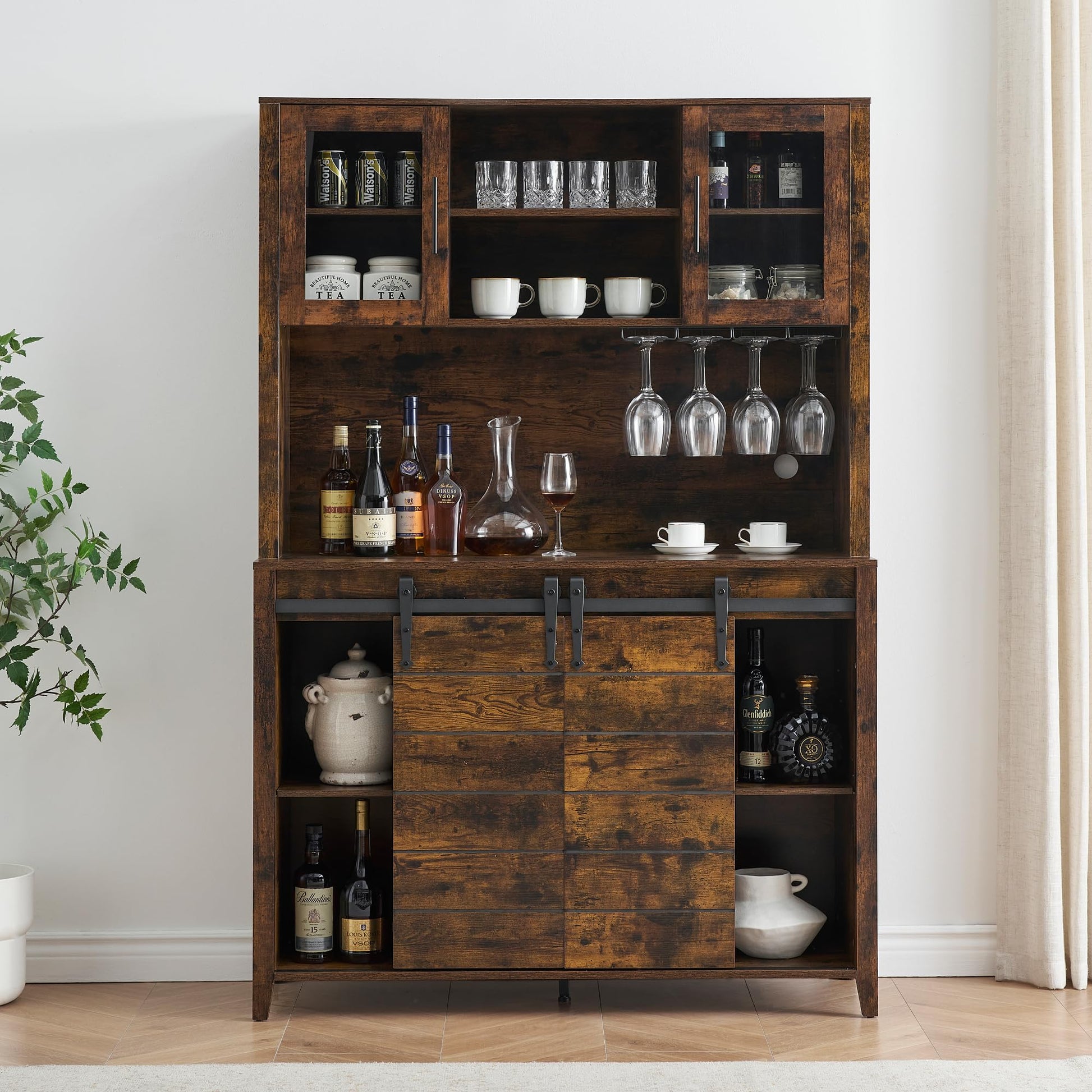 Garvee 70'' Wine Coffee Bar Cabinet with Storage Hutch, Tall Kitchen Pantry Liquor Cabinet with Sliding Barn Doors, Bottle Glasses Rack, Farmhouse Buffet for Home Dining Room, Brown