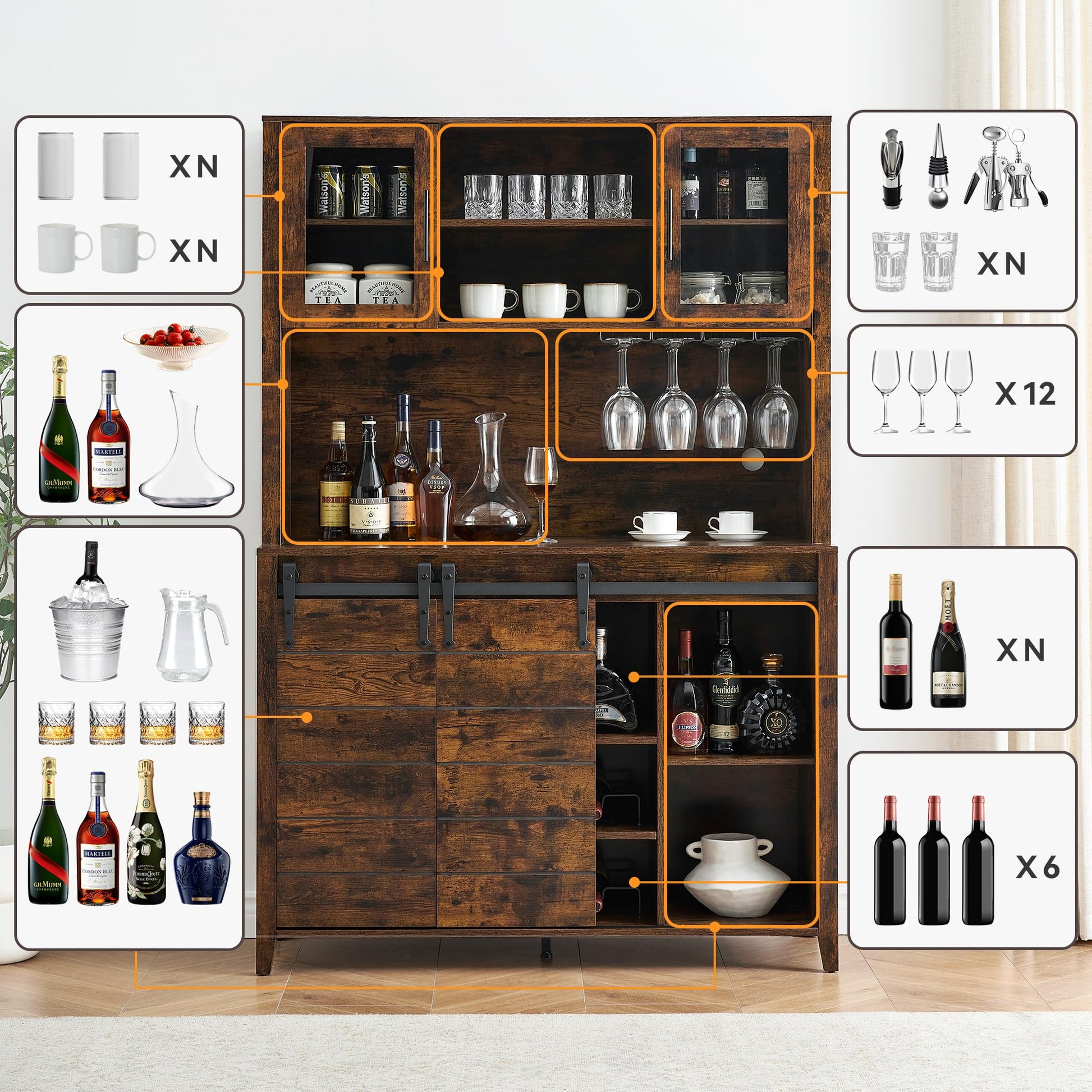 Garvee 70'' Wine Coffee Bar Cabinet with Storage Hutch, Tall Kitchen Pantry Liquor Cabinet with Sliding Barn Doors, Bottle Glasses Rack, Farmhouse Buffet for Home Dining Room, Brown