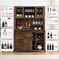 Garvee 70'' Wine Coffee Bar Cabinet with Storage Hutch, Tall Kitchen Pantry Liquor Cabinet with Sliding Barn Doors, Bottle Glasses Rack, Farmhouse Buffet for Home Dining Room, Brown