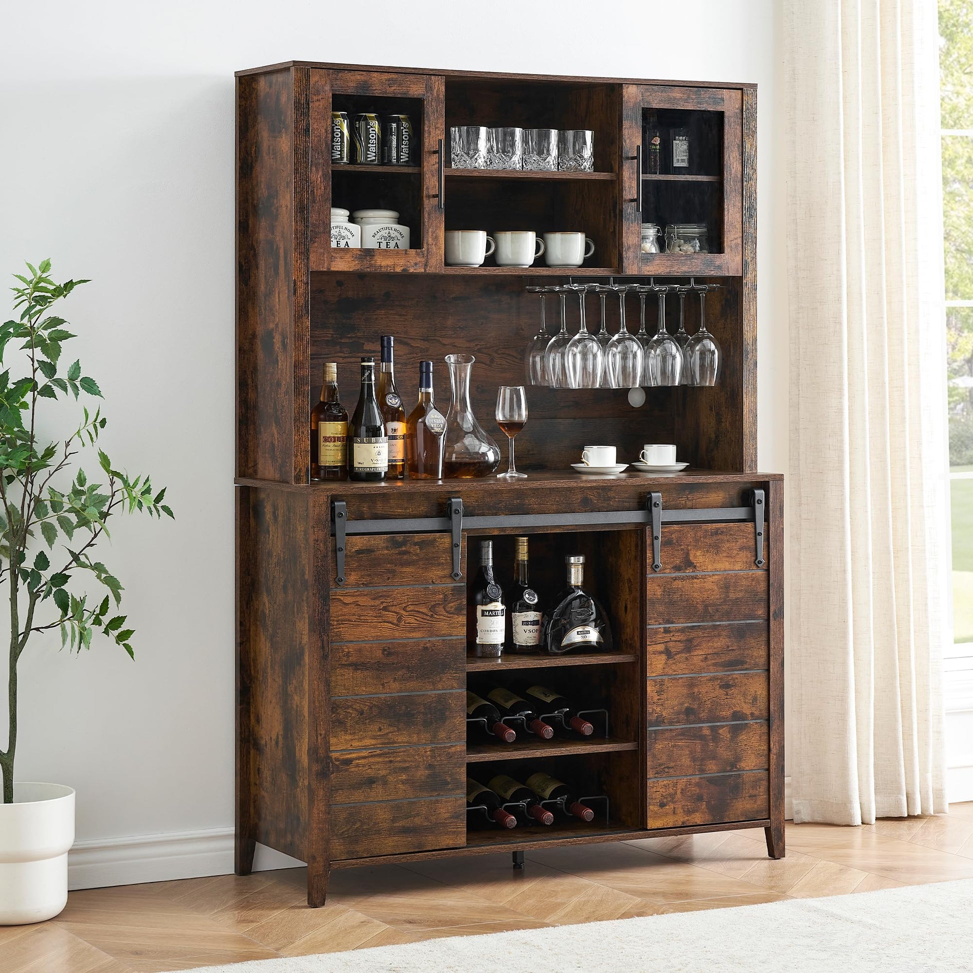 Garvee 70'' Wine Coffee Bar Cabinet with Storage Hutch, Tall Kitchen Pantry Liquor Cabinet with Sliding Barn Doors, Bottle Glasses Rack, Farmhouse Buffet for Home Dining Room, Brown