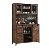 Garvee 70'' Wine Coffee Bar Cabinet with Storage Hutch, Tall Kitchen Pantry Liquor Cabinet with Sliding Barn Doors, Bottle Glasses Rack, Farmhouse Buffet for Home Dining Room, Brown - Brown