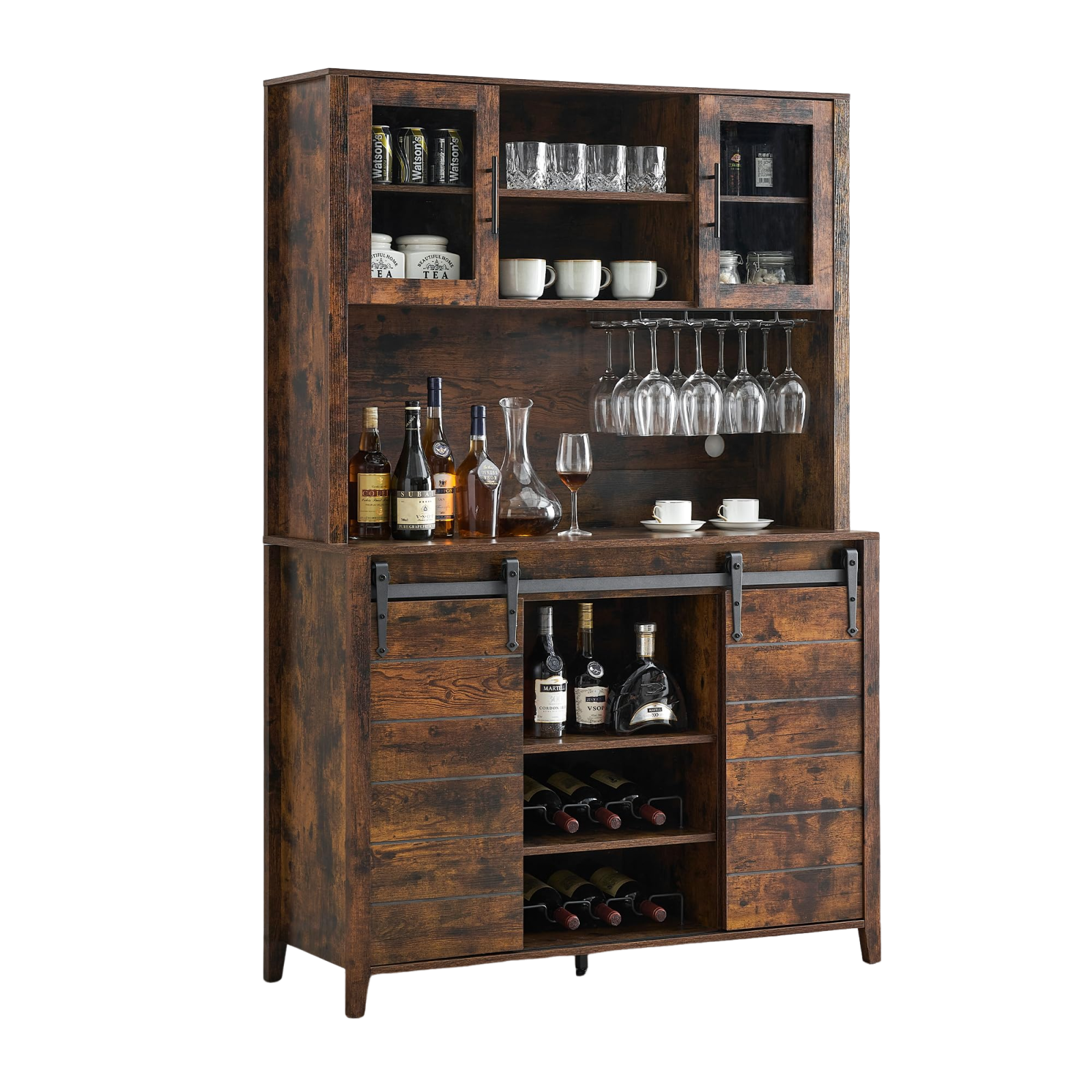 Garvee 70'' Wine Coffee Bar Cabinet with Storage Hutch, Tall Kitchen Pantry Liquor Cabinet with Sliding Barn Doors, Bottle Glasses Rack, Farmhouse Buffet for Home Dining Room, Brown