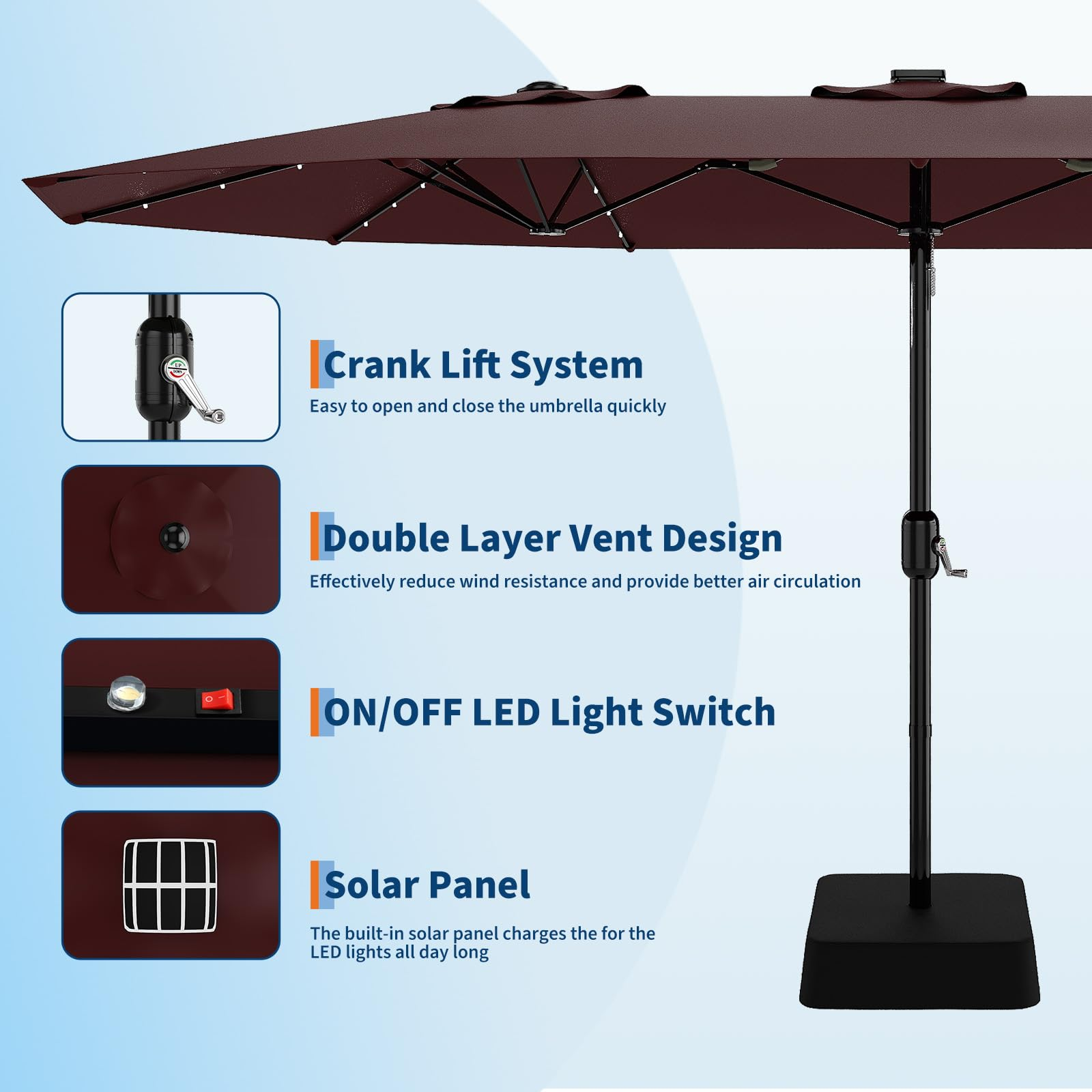 Garvee 15' Solar-Powered Patio Umbrella with 36 LED Lights, Double-Sided Design & Cross Base for Poolside, Deck, Backyard, Wine Red