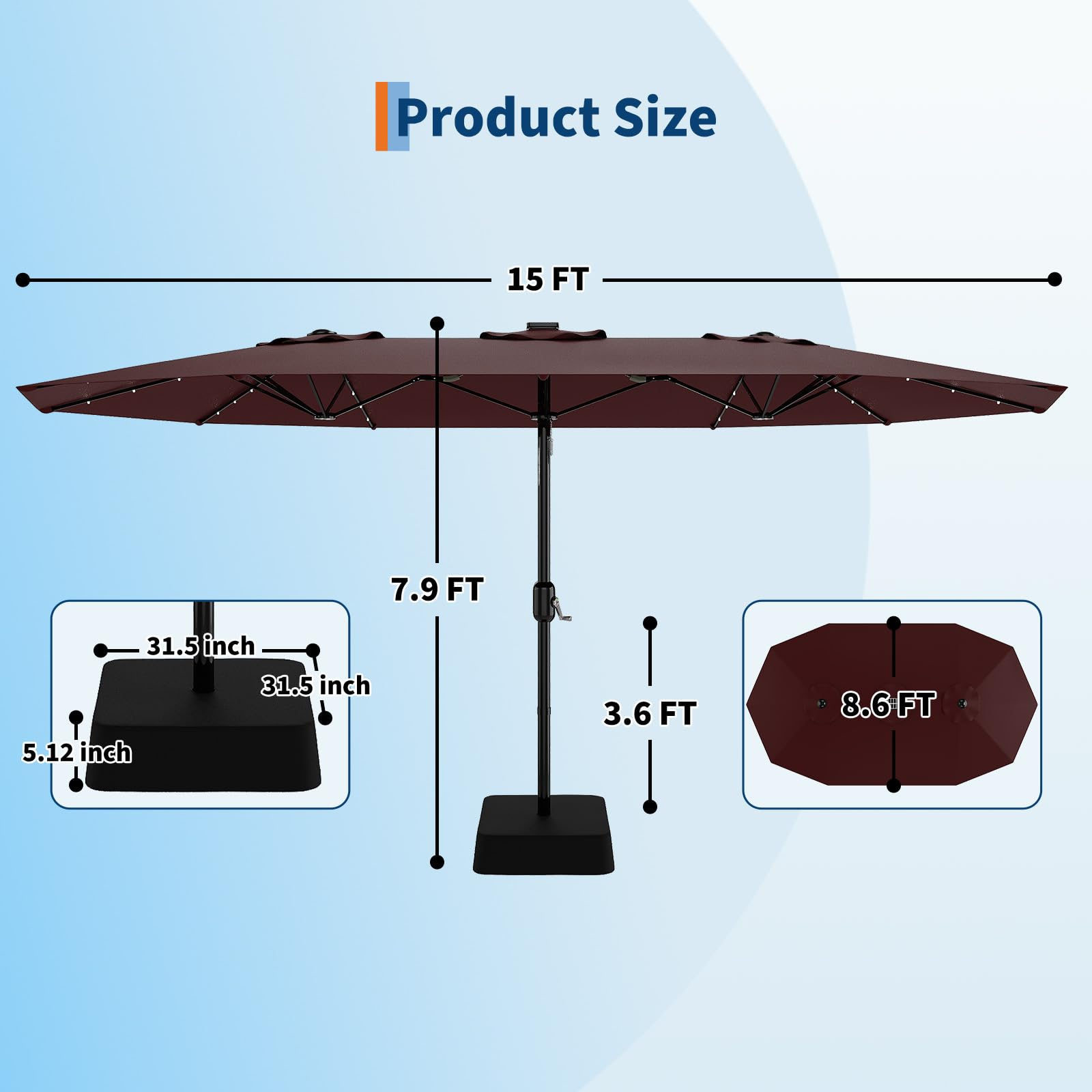 Garvee 15' Solar-Powered Patio Umbrella with 36 LED Lights, Double-Sided Design & Cross Base for Poolside, Deck, Backyard, Wine Red