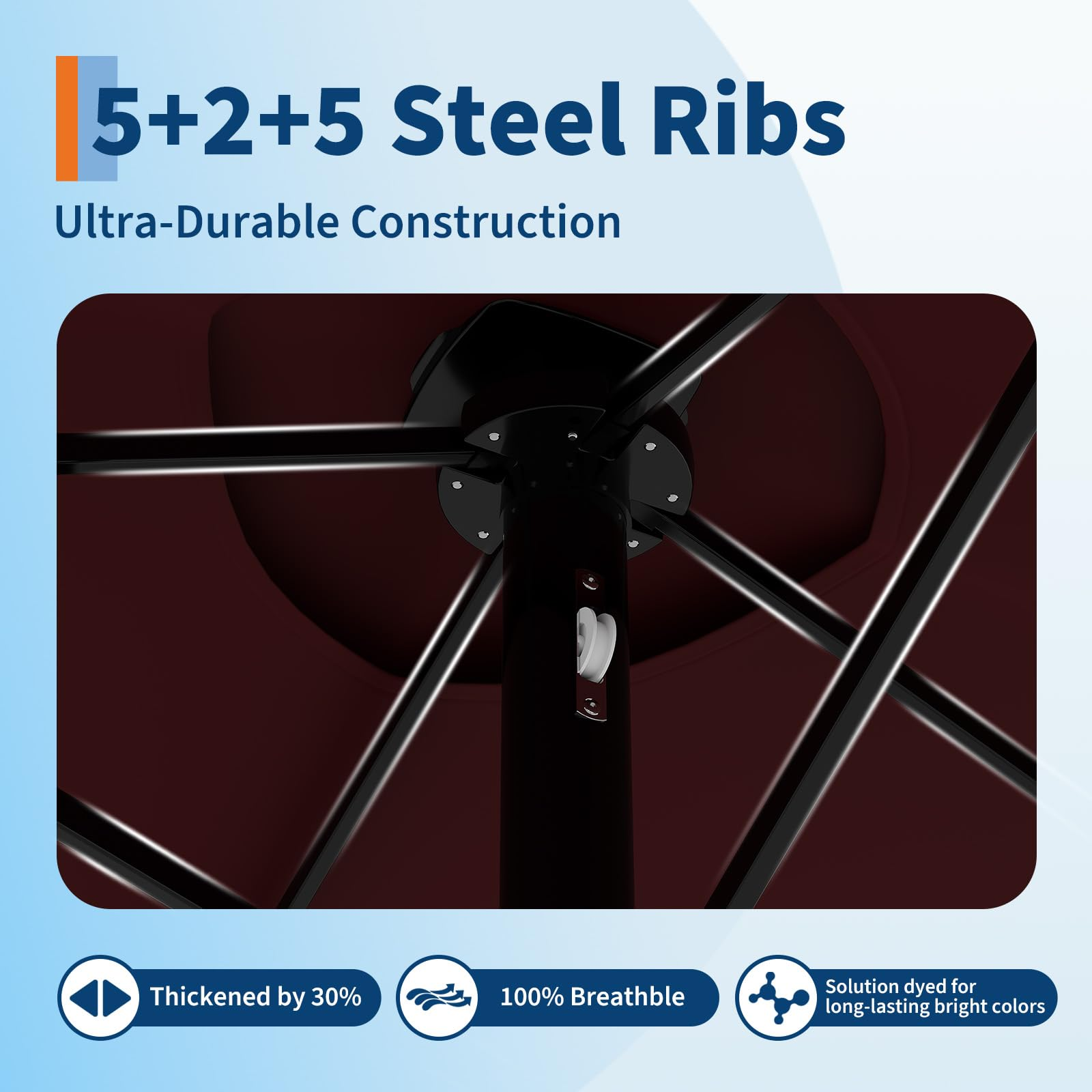 Garvee 15' Solar-Powered Patio Umbrella with 36 LED Lights, Double-Sided Design & Cross Base for Poolside, Deck, Backyard, Wine Red