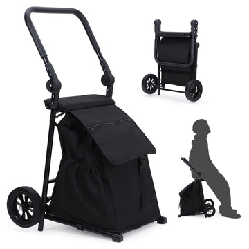 2-in-1 foldable grocery cart with cushioned seat and removable waterproof bag.