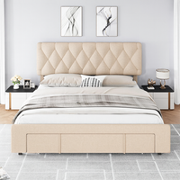 Garvee Queen Size Bed Frame with Storage Drawers, Upholstered Platform Bed Frame with Adjustable Button Tufted Headboard, Mattress Foundation with Solid Wooden Slats Support, No Box Spring Needed