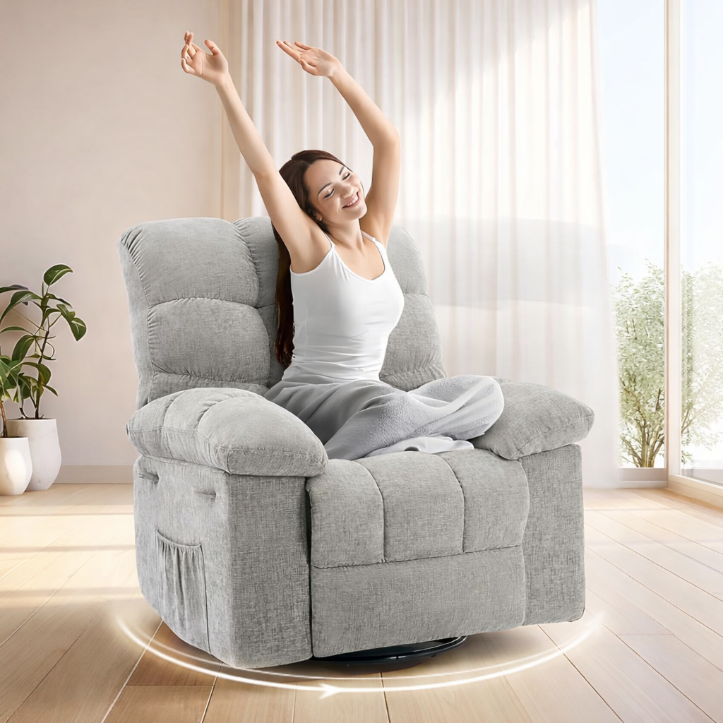 Garvee Rocking Recliner Chair, 360° Swivel Rocker Chair for Living Room, Upholstered Fabric Glider Nursery Chair with Side Pockets for Small Spaces, q235 Steel Frame Lazy Boy Recliner Single Sofa