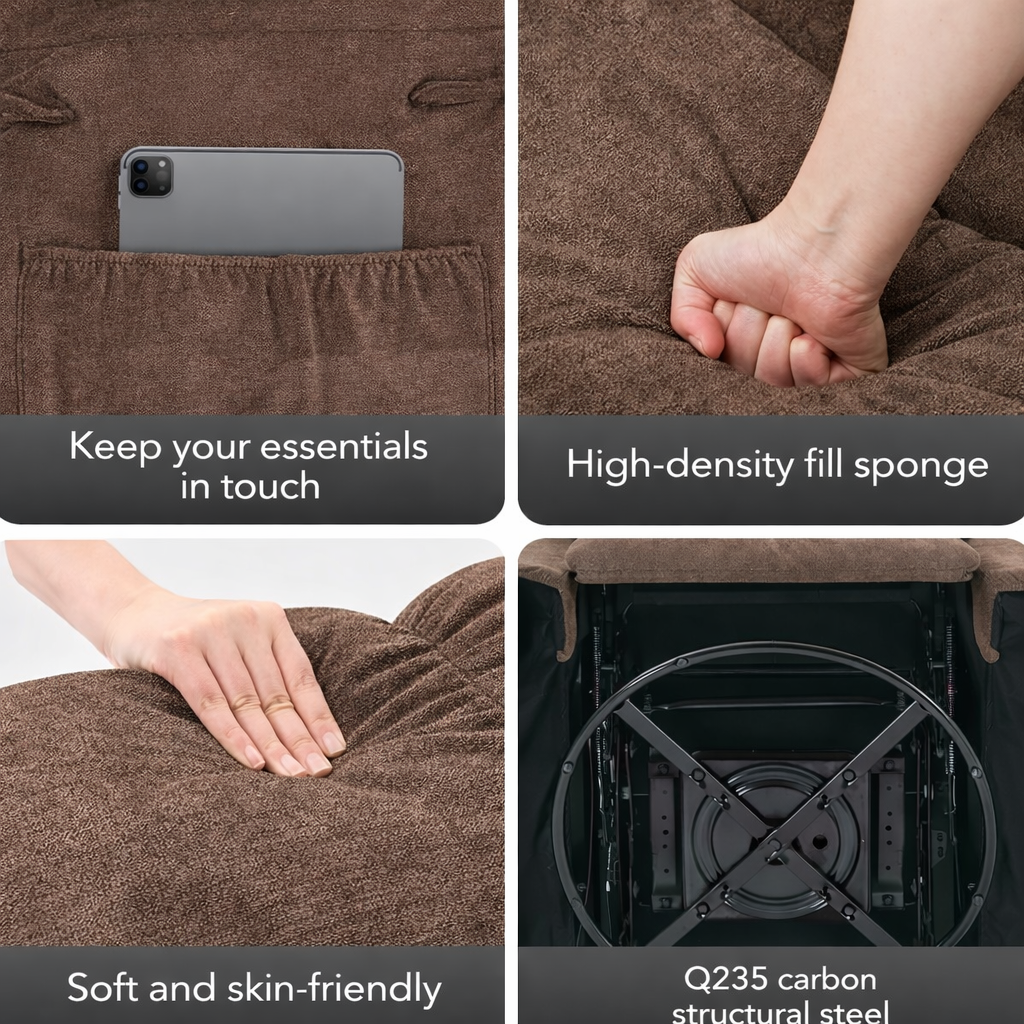 Garvee Rocking Recliner Chair, 360° Swivel Rocker Chair for Living Room, Upholstered Fabric Nursery Chair with Side Pockets for Small Spaces, q235 Steel Frame Lazy Boy Recliner Single Sofa, Brown