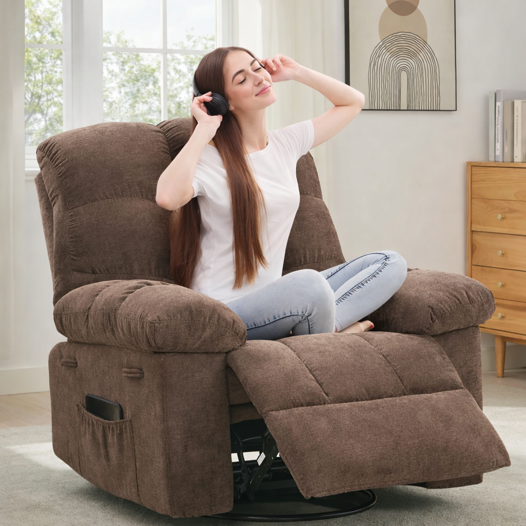 Garvee Rocking Recliner Chair, 360° Swivel Rocker Chair for Living Room, Upholstered Fabric Nursery Chair with Side Pockets for Small Spaces, q235 Steel Frame Lazy Boy Recliner Single Sofa, Brown