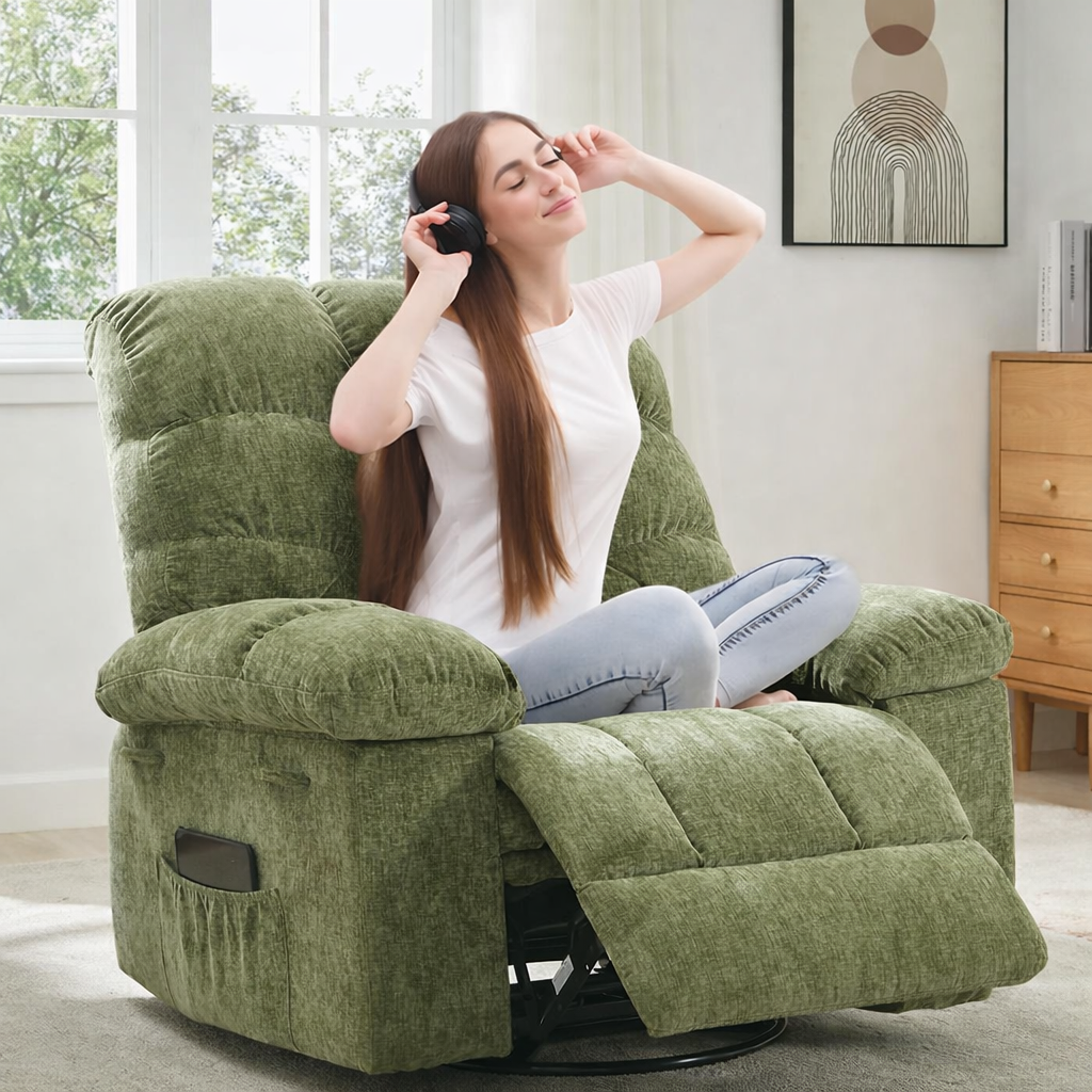 Garvee Rocking Recliner Chair, 360° Swivel Rocker Chair for Living Room, Upholstered Fabric Nursery Chair with Side Pockets for Small Spaces, q235 Steel Frame Lazy Boy Recliner Single Sofa, Green