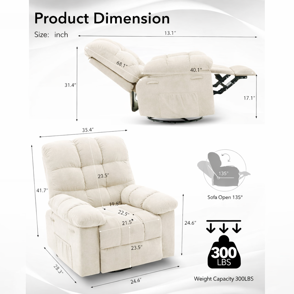 Garvee Rocking Recliner Chair, 360° Swivel Rocker Chair for Living Room, Upholstered Fabric Nursery Chair with Side Pockets for Small Spaces, q235 Steel Frame Lazy Boy Recliner Single Sofa, Beige