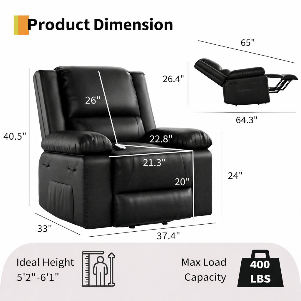 Garvee PU Leather Power Lift Recliner Chair with Massage and Heat, 8-Point Vibration, Adjustable Back and Leg Support, Electric Lift Chair Designed for Mobility Aid Elderly Relaxation, Black