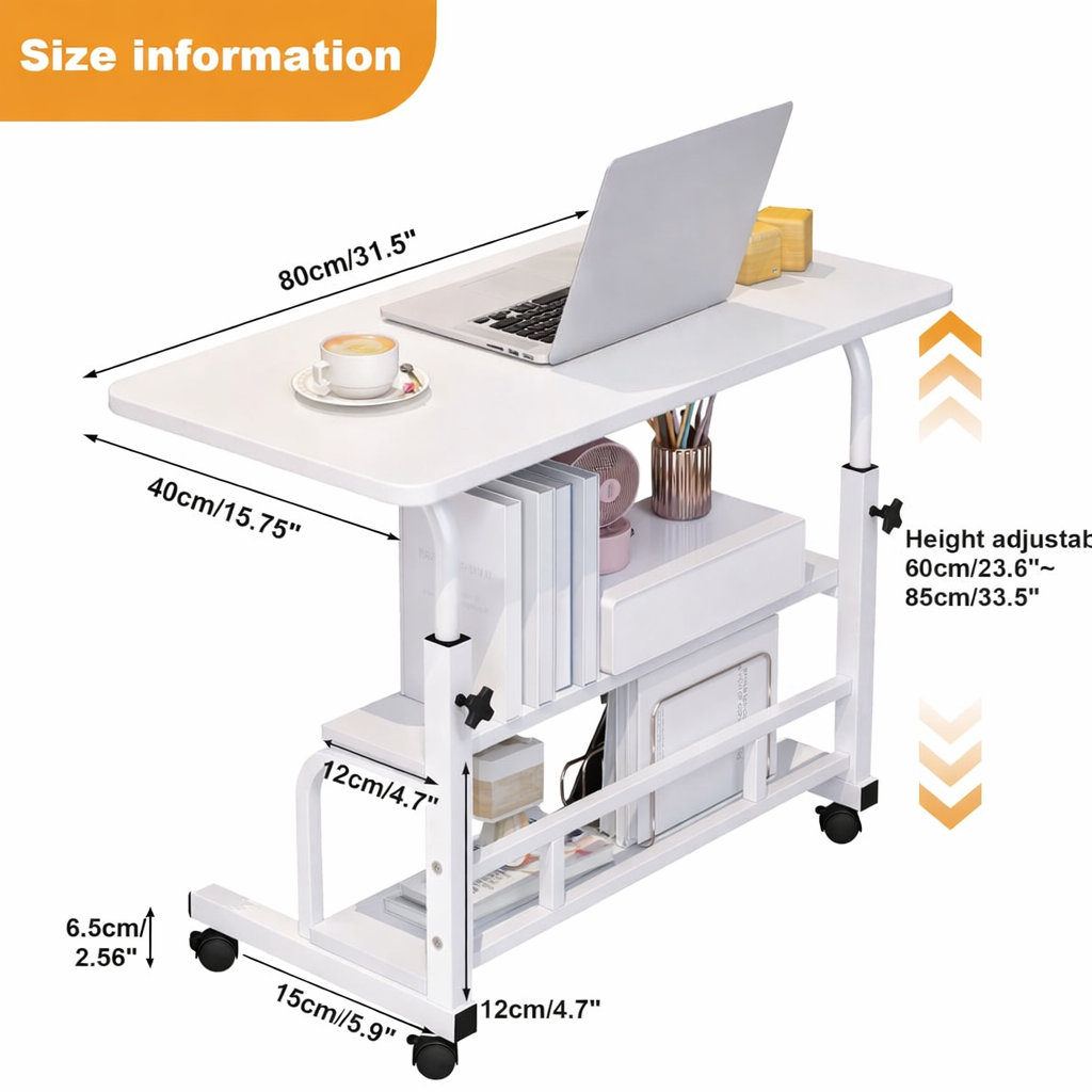 Garvee Adjustable Height Mobile Standing Desk, Portable Bedside Desk with Storage Shelves, Compact Laptop Desk for Home Office, Study, Small Spaces, Bedroom, White, 31.5"x15.7"