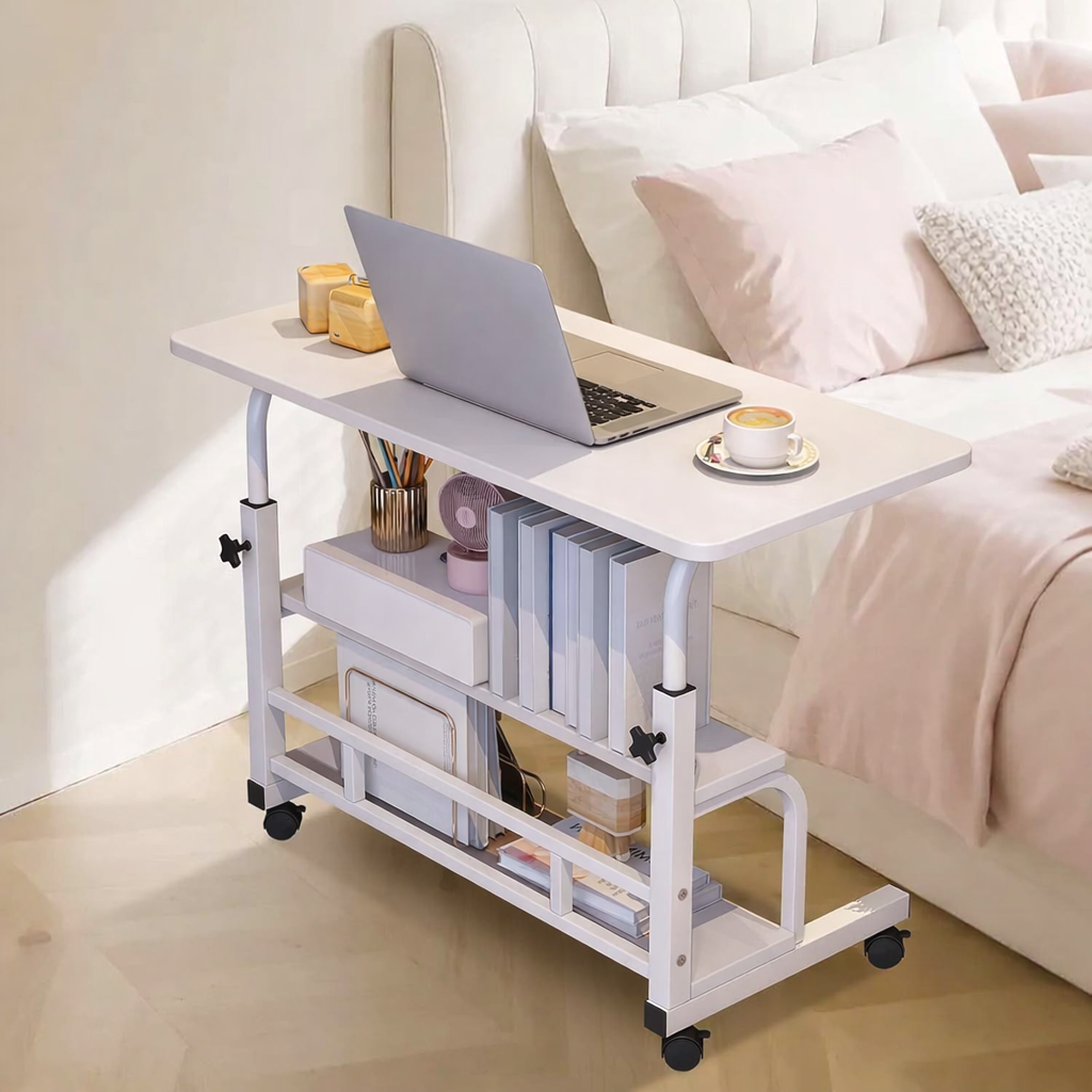 Garvee Adjustable Height Mobile Standing Desk, Portable Bedside Desk with Storage Shelves, Compact Laptop Desk for Home Office, Study, Small Spaces, Bedroom, White, 31.5"x15.7"