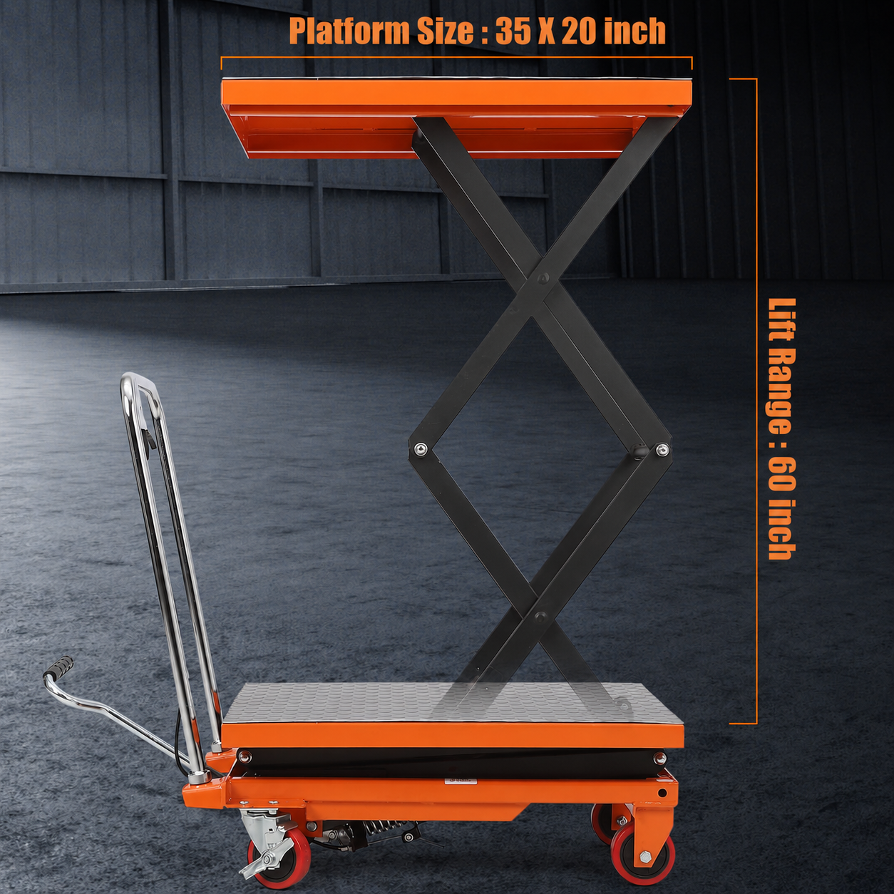 Garvee Manual Hydraulic Scissor Lift Table 770lbs Capacity Double Scissor Industrial Cart 59" Max Height Orange