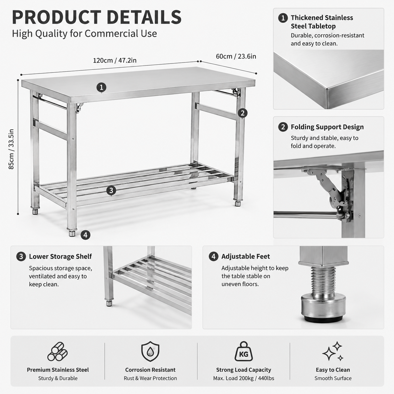 Garvee 48"L x 24"W x 32"H Stainless Steel Table Commercial Heavy Duty Folding Work Table with Undershelf Ideal for Kitchen Laundry and Outdoor Cooking Areas
